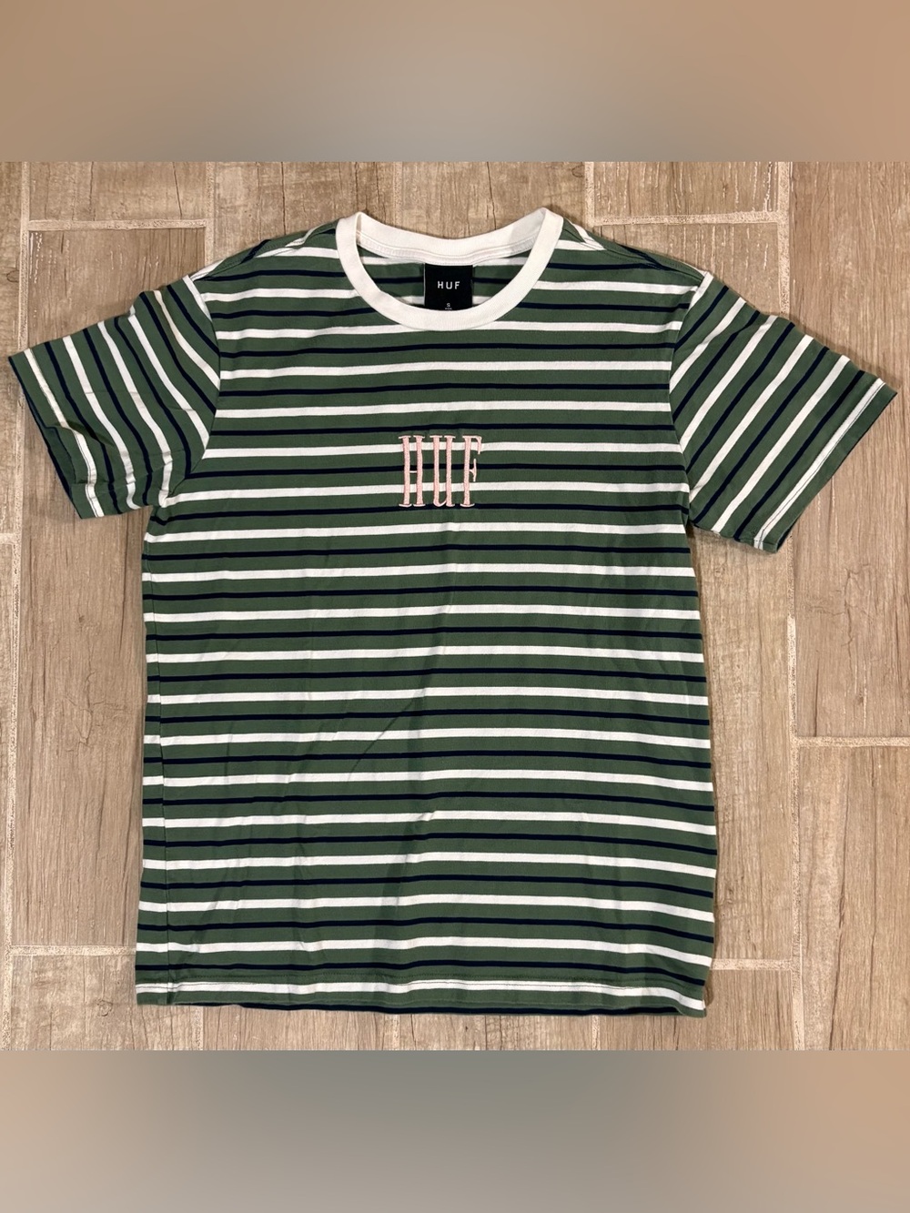 HUF Green, White & Navy Striped Crewneck Tee